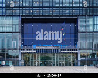 Montpellier, France - 01 19 2023 : Landscape view of the facade and entrance to City Hall or Hotel de Ville with modern architecture by Jean Nouvel Stock Photo