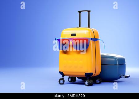 Colorful yellow suitcase or luggage in blue glasses on a blue background. 3D rendering of the concept of summer holidays and holidays Stock Photo