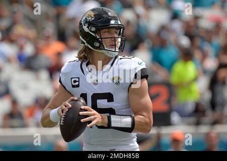 Jacksonville, FL, USA. 19th Sep, 2021. Jacksonville Jaguars quarterback  Trevor Lawrence (16) during 2nd half NFL football game between the  DenverBroncos and the Jacksonville Jaguars. Denver defeated Jacksonville  23-13 at TIAA Bank