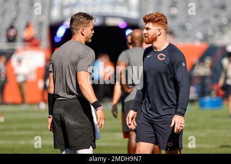 Chicago Bears quarterback Andy Dalton (14) looks to pass the ball against  the Cincinnati Bengals during the first half of an NFL football game,  Sunday, Sept. 19, 2021, in Chicago. (AP Photo/Kamil