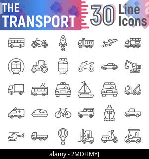 Transport line icon set, vehicle symbols collection, vector sketches, logo illustrations, car signs linear pictograms package isolated on white background, eps 10. Stock Vector