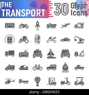 Transport glyph icon set, vehicle symbols collection, vector sketches, logo illustrations, autumn signs solid pictograms package isolated on white background, eps 10. Stock Vector