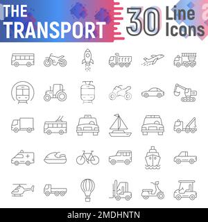 Transport thin line icon set, vehicle symbols collection, vector sketches, logo illustrations, car signs linear pictograms package isolated on white background, eps 10. Stock Vector