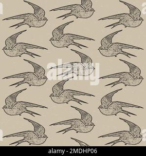 Engraving style hand drawn birds sketch pattern. Black swallows on background. Vector fauna illustration. Stock Vector