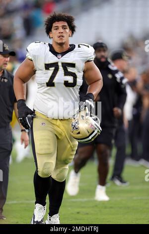 New Orleans Saints offensive guard Andrus Peat (75) after an NFL football  game against the Green Bay Packers, Sunday, Sep. 12, 2021, in Jacksonville.  (AP Photo/Tyler Kaufman Stock Photo - Alamy