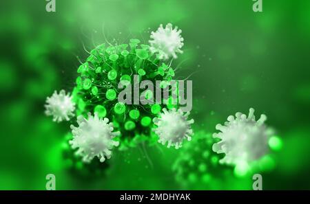 Virus, germs, microbe, bacterium, pathogen organism, leukocyte 3D illustration. Viral infection. Immunity fights disease. White blood cells attack inf Stock Photo