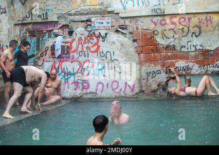 Ein Jones, a warm mineral water natural spring in an abandoned Syrian Military camp in the Golan Heights, Israel Stock Photo