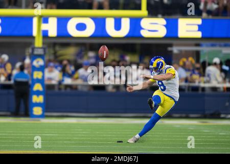 Los Angeles Rams kicker Matt Gay (8) kicks off during an NFL football game  against the Chicago Bears Sunday, Sept. 12, 2021, in Inglewood, Calif. (AP  Photo/Kyusung Gong Stock Photo - Alamy