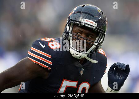 Chicago, United States. 13th Dec, 2020. Chicago Bears inside linebacker  Roquan Smith (58) sacks Houston Texans quarterback AJ McCarron (2) in the  third quarter at Soldier Field in Chicago on Sunday, December