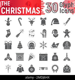 Christmas glyph icon set, new year symbols collection, vector sketches, logo illustrations, xmas signs solid pictograms package isolated on white background, eps 10. Stock Vector