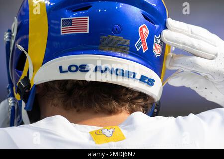 Los Angeles Rams running back Jake Funk (34) fixes his helmet before an NFL  football game against the Chicago Bears Sunday, Sept. 12, 2021, in  Inglewood, Calif. (AP Photo/Kyusung Gong Stock Photo - Alamy