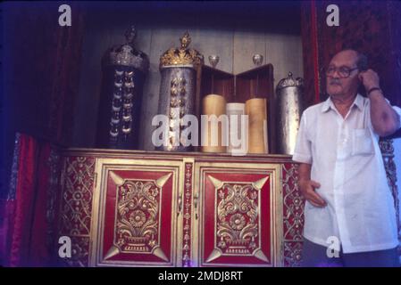 The Paradesi Synagogue aka Cochin Jewish Synagogue or the Mattancherry Synagogue is a synagogue located in Mattancherry Jew Town, a suburb of the city of Kochi, Kerala, in India. It was built in 1568 A.D. by Samuel Castiel, David Belila, and Joseph Levi for the flourishing Paradesi Jewish community in Kochi. Paradesi synagogue or the Jew synagogue is the oldest in the Commonwealth, was built by the Jewish community of Cochin. Stock Photo