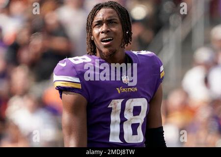 Minnesota Vikings wide receiver Justin Jefferson (18) runs on the field  before an NFL football game against the Philadelphia Eagles on Thursday,  Sept. 14, 2023, in Philadelphia. (AP Photo/Matt Rourke Stock Photo - Alamy