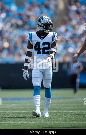 Sam Franklin Jr. #42 of the Carolina Panthers in action against