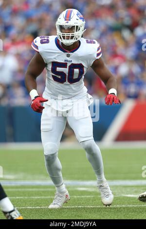 Buffalo Bills defensive end Greg Rousseau (50) runs onto the field