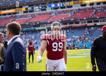 Arizona Cardinals defensive end J.J. Watt (99) in his three point stance  against the Tennessee Titans during the second half of an NFL football  game, Sunday, Sep. 12, 2021, in Nashville, Tenn. (