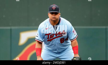 Minnesota Twins' Willians Astudillo (64) runs toward the dugout after the  first inning of a baseball game against the Tampa Bay Rays, Sunday, Aug. 15  , 2021, in Minneapolis. (AP Photo/Stacy Bengs