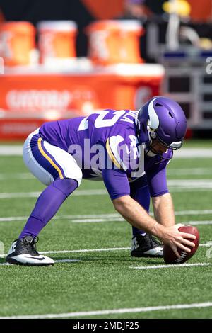 Minnesota Vikings long snapper Andrew DePaola wears a Crucial Catch cap  during the first half of an NFL football game against the Miami Dolphins,  Sunday, Oct. 16, 2022, in Miami Gardens, Fla. (