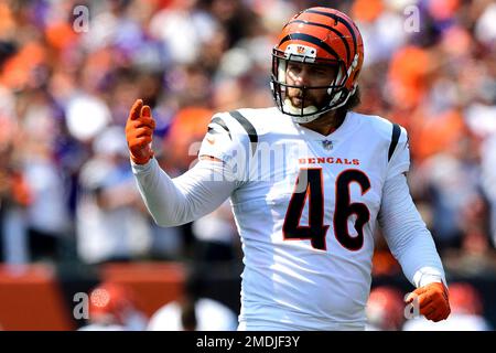 Cincinnati Bengals long snapper Clark Harris tosses a football to a fan  before the AFC championship NFL football game against the Kansas City  Chiefs, Sunday, Jan. 30, 2022, in Kansas City, Mo. (