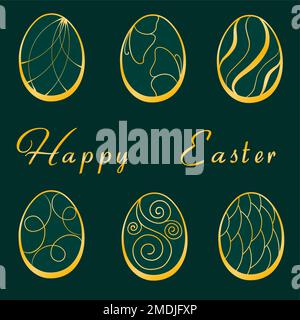 Happy Easter luxury greeting cards set. Easter holiday invitations templates collection with hand drawn lettering and gold easter eggs. Vector illustr Stock Vector