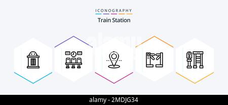 Train Station 25 Line icon pack including stop. bus. pin. bench. turnstiles Stock Vector