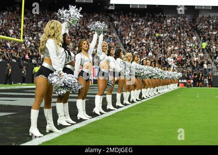 Las Vegas Raiderettes cheerleaders perform before an NFL football game