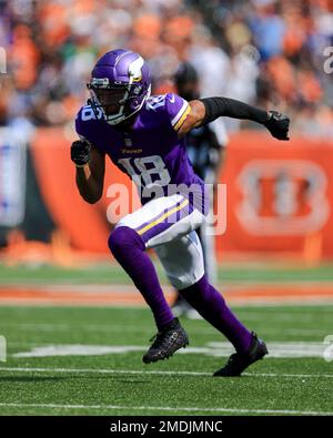 Minnesota Vikings wide receiver Justin Jefferson (18) runs on the field  before an NFL football game against the Philadelphia Eagles on Thursday,  Sept. 14, 2023, in Philadelphia. (AP Photo/Matt Rourke Stock Photo - Alamy