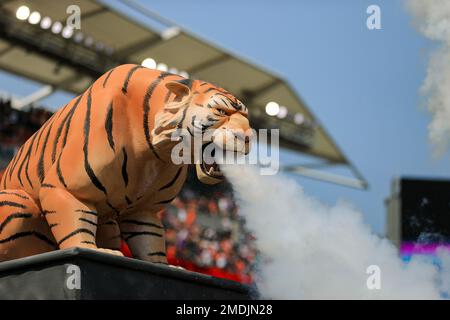 A Bengals statue blowing smoke is seen during player introductions prior to  an NFL football game between the Minnesota Vikings and the Cincinnati  Bengals, Sunday, Sept. 12, 2021, in Cincinnati. The Bengals