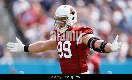 Arizona Cardinals defensive end J.J. Watt (99) in his three point stance  against the Tennessee Titans during the second half of an NFL football  game, Sunday, Sep. 12, 2021, in Nashville, Tenn. (