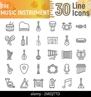 Music instrument line icon set, musical symbols collection, vector sketches, logo illustrations, sound signs linear pictograms package isolated on white background, eps 10. Stock Vector