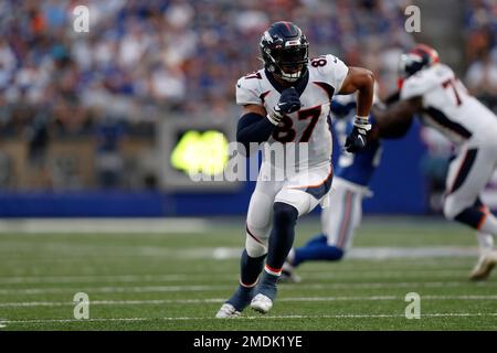 Denver Broncos tight end Noah Fant (87) against the New York Jets during an  NFL football game, …