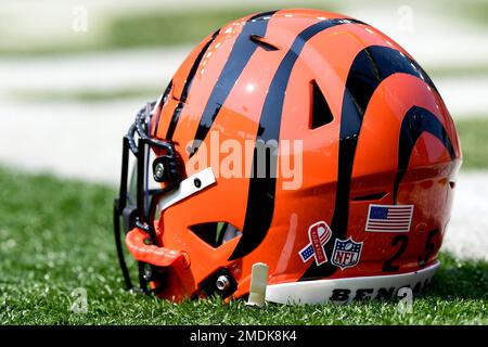 EAST RUTHERFORD, NJ - OCTOBER 31: A Cincinnati Bengals helmet and pair of  gloves are pictured on the field prior to the National Football League game  between the Cincinnati Bengals and the