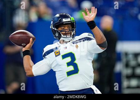 September 12, 2021: Seattle Seahawks quarterback Russell Wilson (3) passes  the ball during NFL football game action between the Seattle Seahawks and  the Indianapolis Colts at Lucas Oil Stadium in Indianapolis, Indiana.