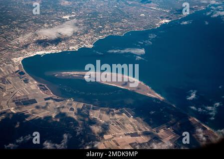 El Fangar bay of Ebro Delta (Delta del Ebre) aerial view  in Tarragona, Catalonia, Spain Stock Photo