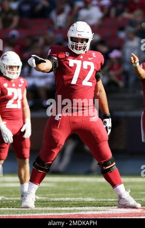 Washington State offensive lineman Abraham Lucas (72) blocks Portland State  linebacker Justice Pagan (41) during the