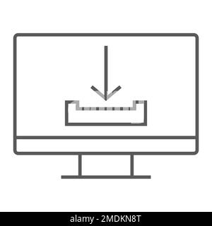 Download thin line icon, computer and downloading, arrow sign, vector graphics, a linear pattern on a white background, eps 10. Stock Vector