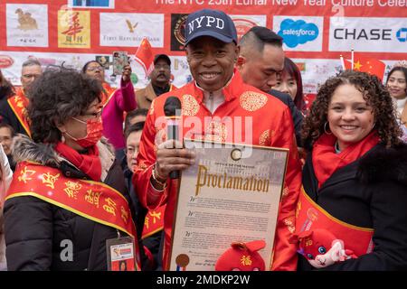 New York, United States. 22nd Jan, 2023. New York City Mayor Eric Adams presents a Lunar New Year Day proclamation at the Better Chinatown USA's Lunar New Year of the Rabbit's Opening Firecracker Ceremony and Culture Festival in Chinatown, New York City. Credit: SOPA Images Limited/Alamy Live News Stock Photo