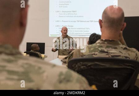 Col. John Dunn, commander of the 290th Military Police Brigade, speaks to leaders on day one of Titan Warrior here in Camp Shelby, Mississippi.  Titan Warrior is a two-week exercise conducted by soldiers of the 290th training on job-specific tasks and basic soldiering skills. Stock Photo