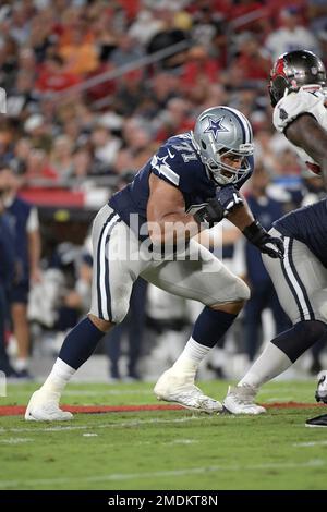 Dallas Cowboys offensive tackle La'el Collins (71) blocks Seattle Seahawks  defensive end Quinton Jefferson (99) while Cowboys quarterback Dak Prescott  (4) motions to wide receiver Michael Gallup during the fourth quarter in