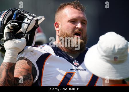 Denver Broncos offensive guard Dalton Risner (66) walks on the field during  an NFL football game against the New York Giants, Sunday, Sept. 12, 2021,  in East Rutherford, N.J. The Denver Broncos