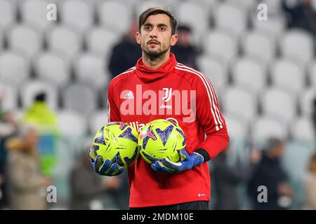 Mattia Perin of Juventus FC holds two balls during the warm up prior to the Serie A football match between Juventus FC and Atalanta BC at Juventus sta Stock Photo