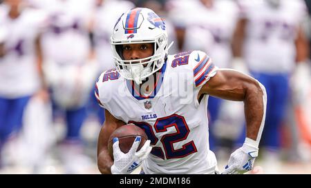 Buffalo Bills running back Matt Breida (22) rushes with the ball against  the Chicago Bears during the first half of a preseason NFL football game,  Saturday, Aug. 21, 2021, in Chicago. (AP