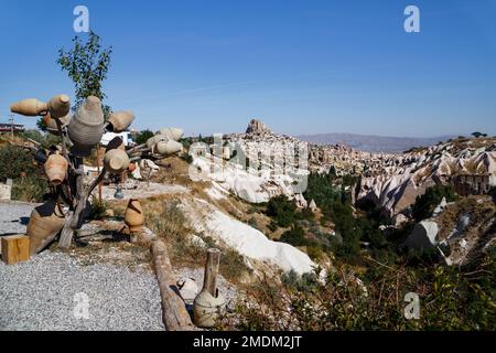 UCHISAR, TURKEY - OCTOBER 4, 2020: This is a view of the Pigeon Valley, the city and Uchisar Castle from the observation deck. Stock Photo