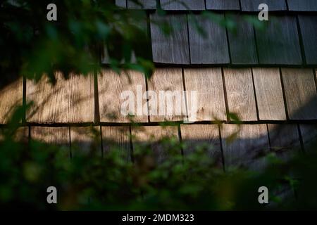 The warm sunlight shining on the rustic wooden roof Stock Photo