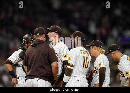 San Diego Padres pitching coach Ruben Niebla walks back to the dugout  during a baseball game against the Pittsburgh Pirates Tuesday, July 25,  2023, in San Diego. (AP Photo/Derrick Tuskan Stock Photo 