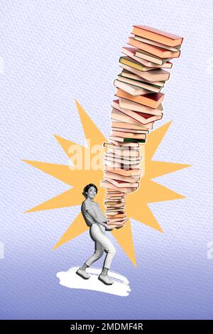 Creative photo 3d collage artwork poster of diligent students carrying buy many books prepare test exam isolated on painting background Stock Photo