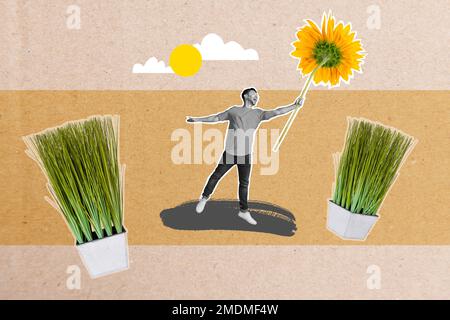 Creative photo 3d collage artwork poster of funky young man hold big flower walking nature enjoy good time isolated on painting background Stock Photo