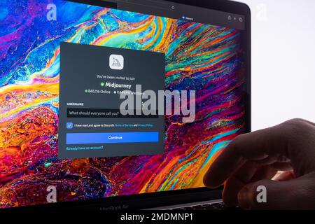 Midjourney AI bot website front page seen on laptop. Artificial intelligence art creation tool. Stafford, United Kingdom, January 23, 2023 Stock Photo
