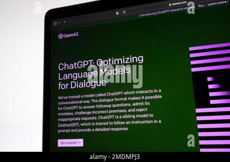 ChatGPT front page seen on laptop. Artificial intelligence AI chatbot by Open Ai. Stafford, United Kingdom, January 23, 2023 Stock Photo