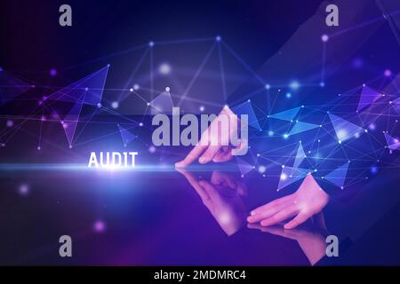 Businessman touching huge screen concept Stock Photo